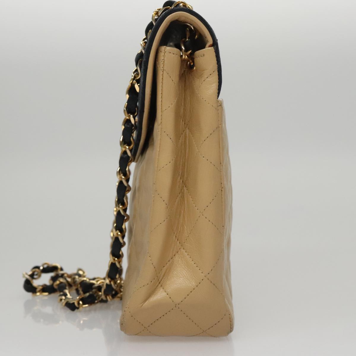 CHANEL Matelasse Chain Shoulder Bag Lamb Skin Beige Gold black CC 107648