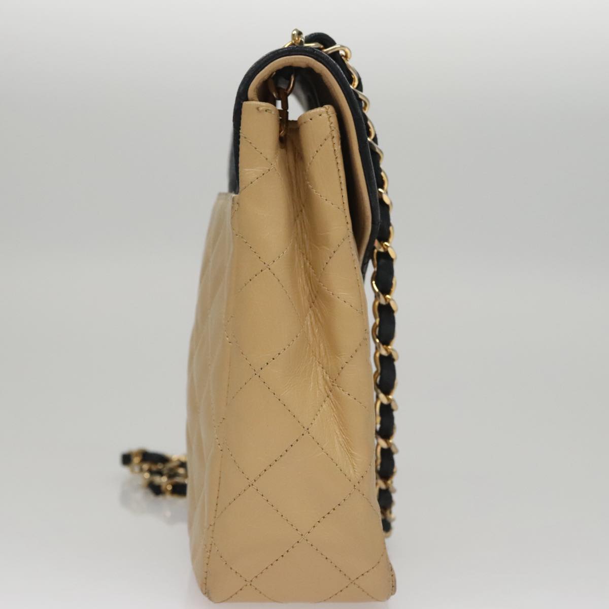CHANEL Matelasse Chain Shoulder Bag Lamb Skin Beige Gold black CC 107648