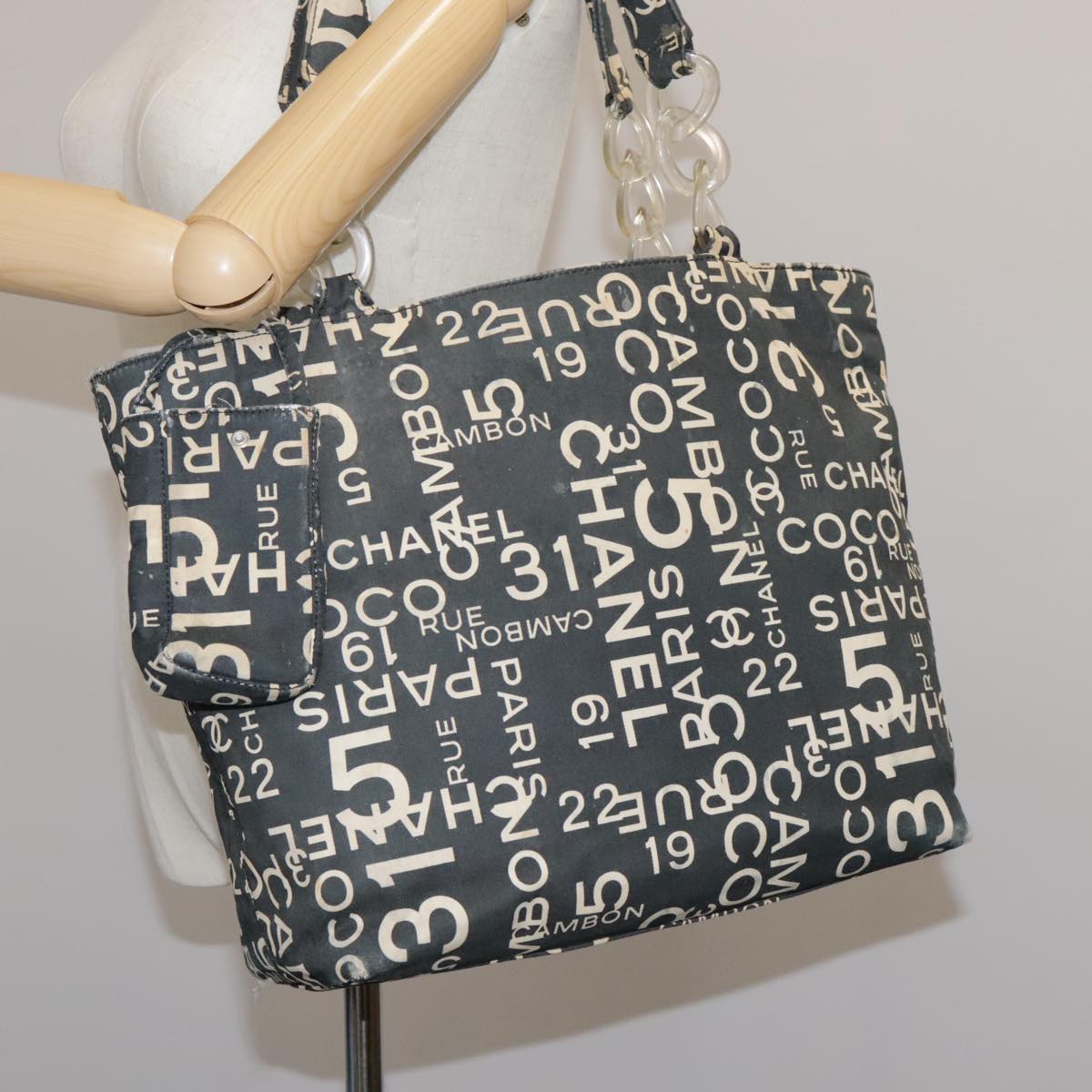 CHANEL Bysy line Tote Bag Canvas Black CC 107835