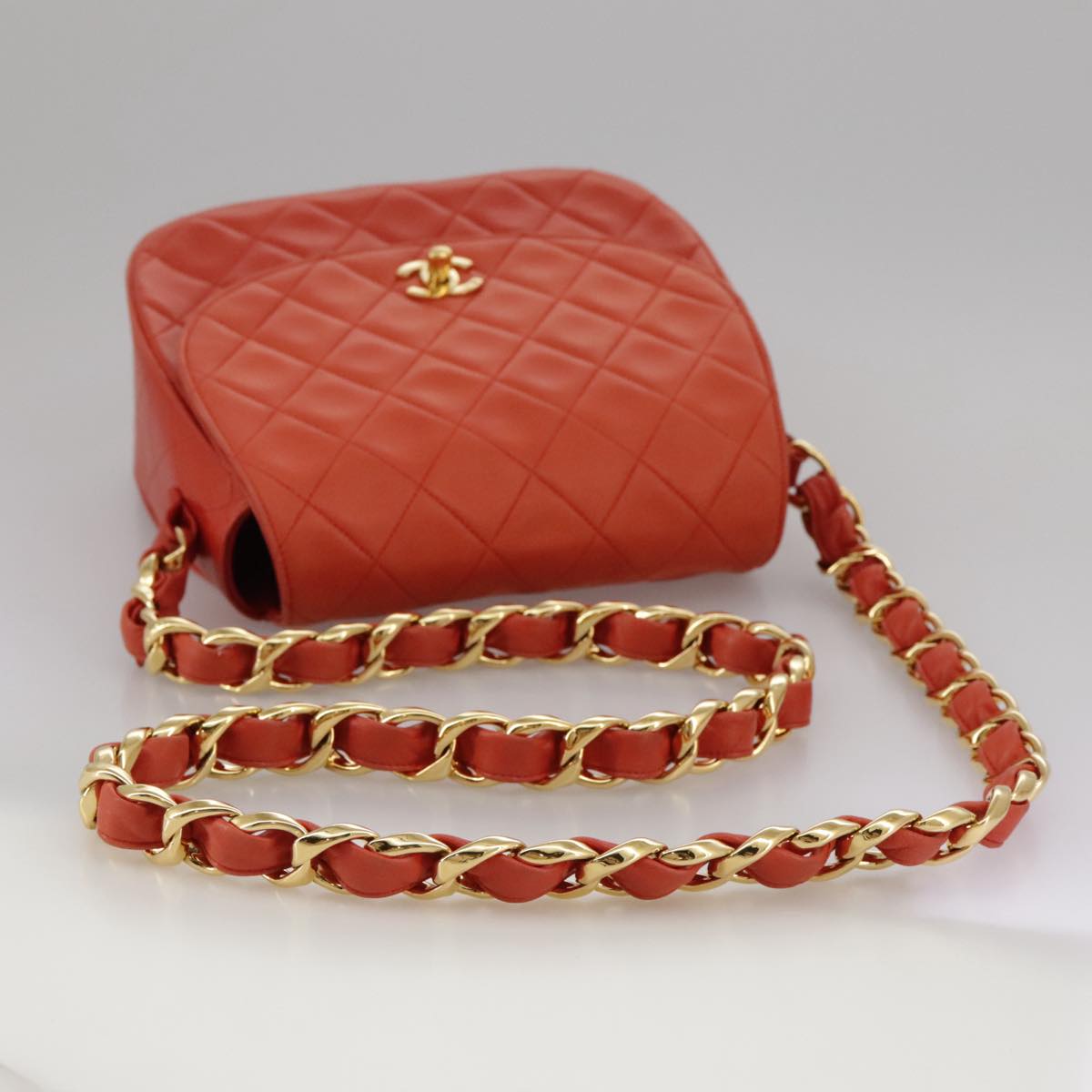 CHANEL Matelasse Chain Shoulder Bag Lamb Skin Orange Gold CC 107881A