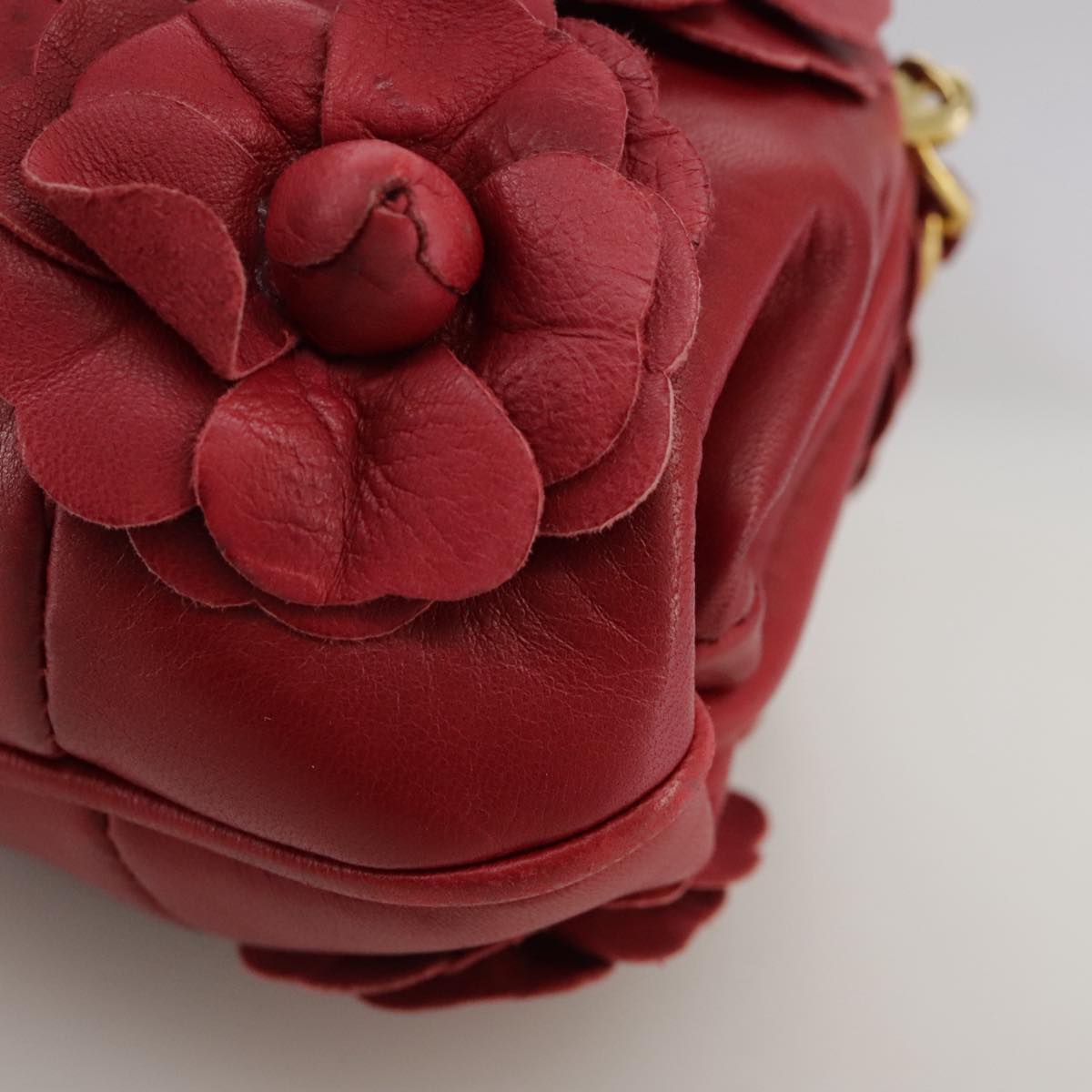 CHANEL Chain Flower Shoulder Bag Leather Red Gold CC 107981