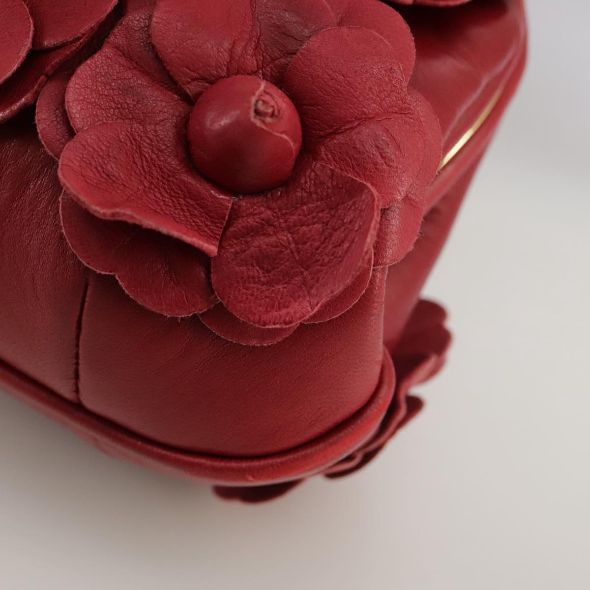 CHANEL Chain Flower Shoulder Bag Leather Red Gold CC 107981
