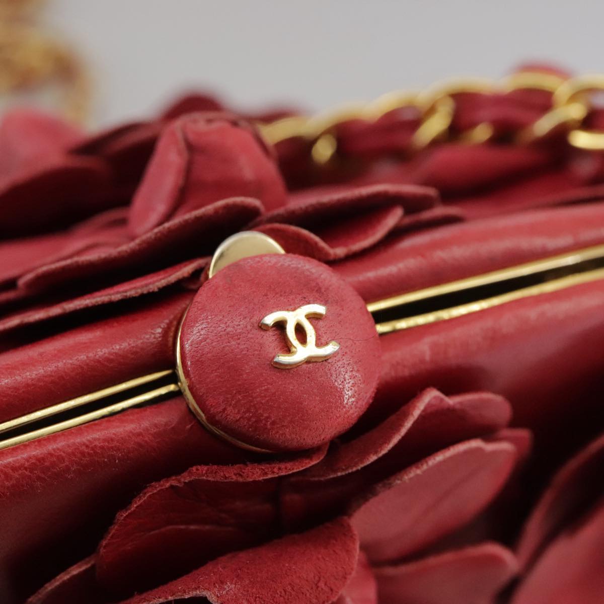 CHANEL Chain Flower Shoulder Bag Leather Red Gold CC 107981