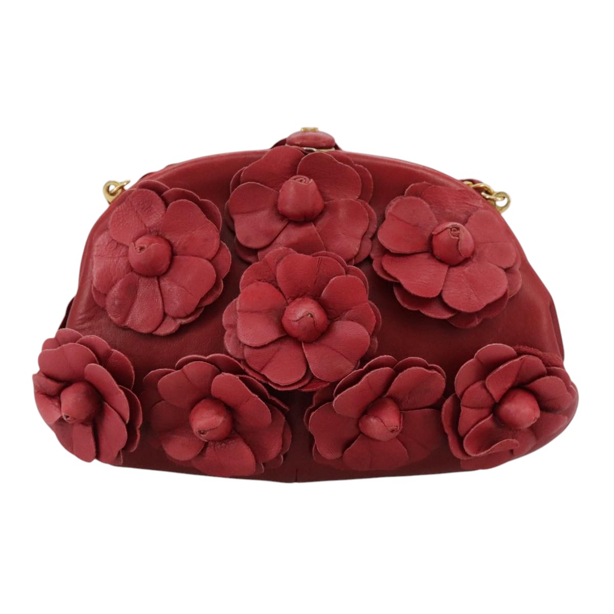 CHANEL Chain Flower Shoulder Bag Leather Red Gold CC 107981