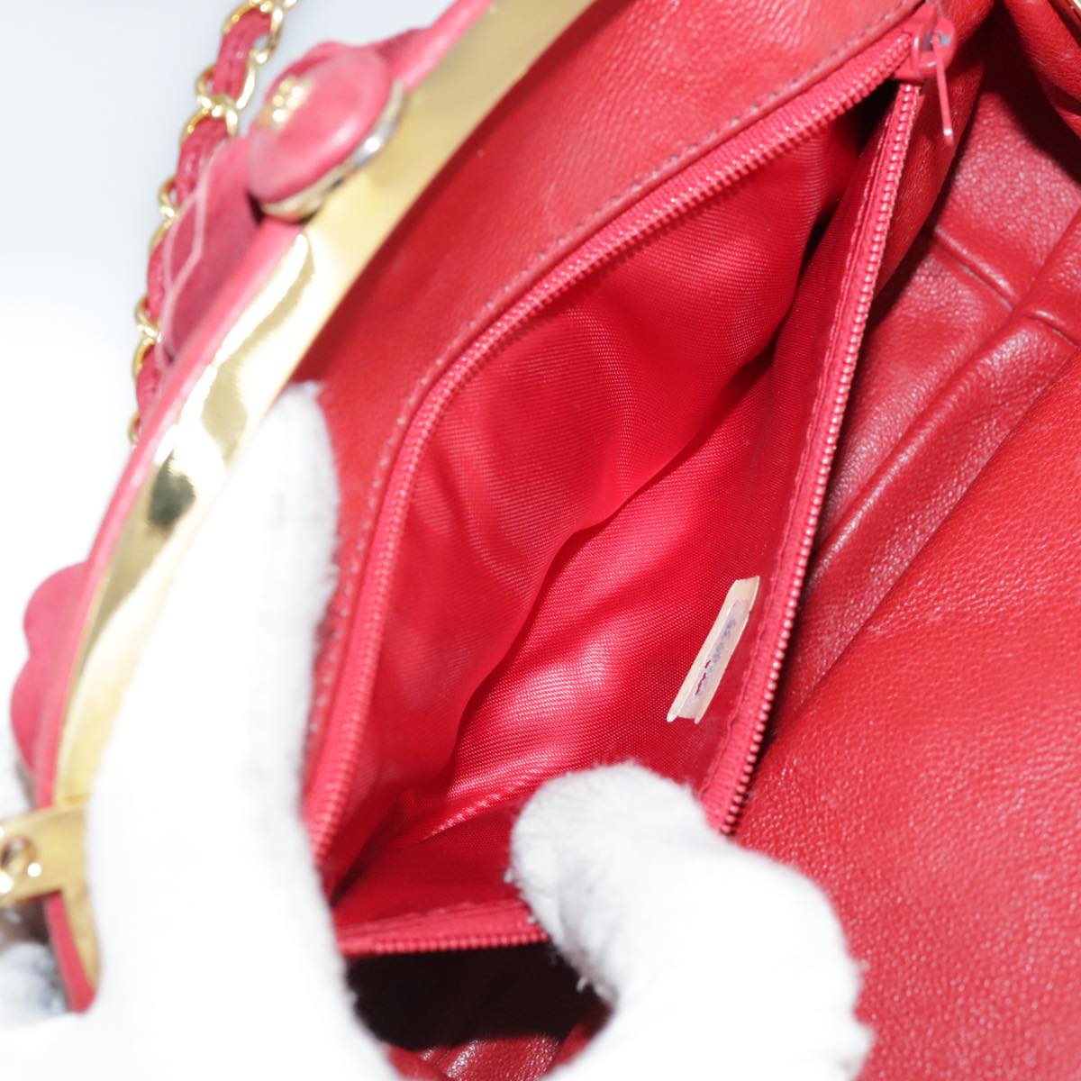 CHANEL Chain Flower Shoulder Bag Leather Red Gold CC 107981