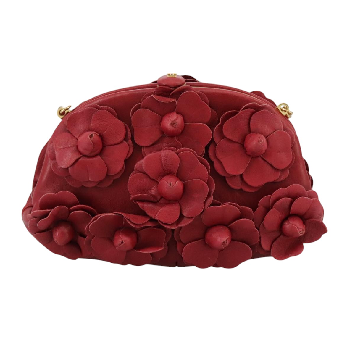 CHANEL Chain Flower Shoulder Bag Leather Red Gold CC 107981