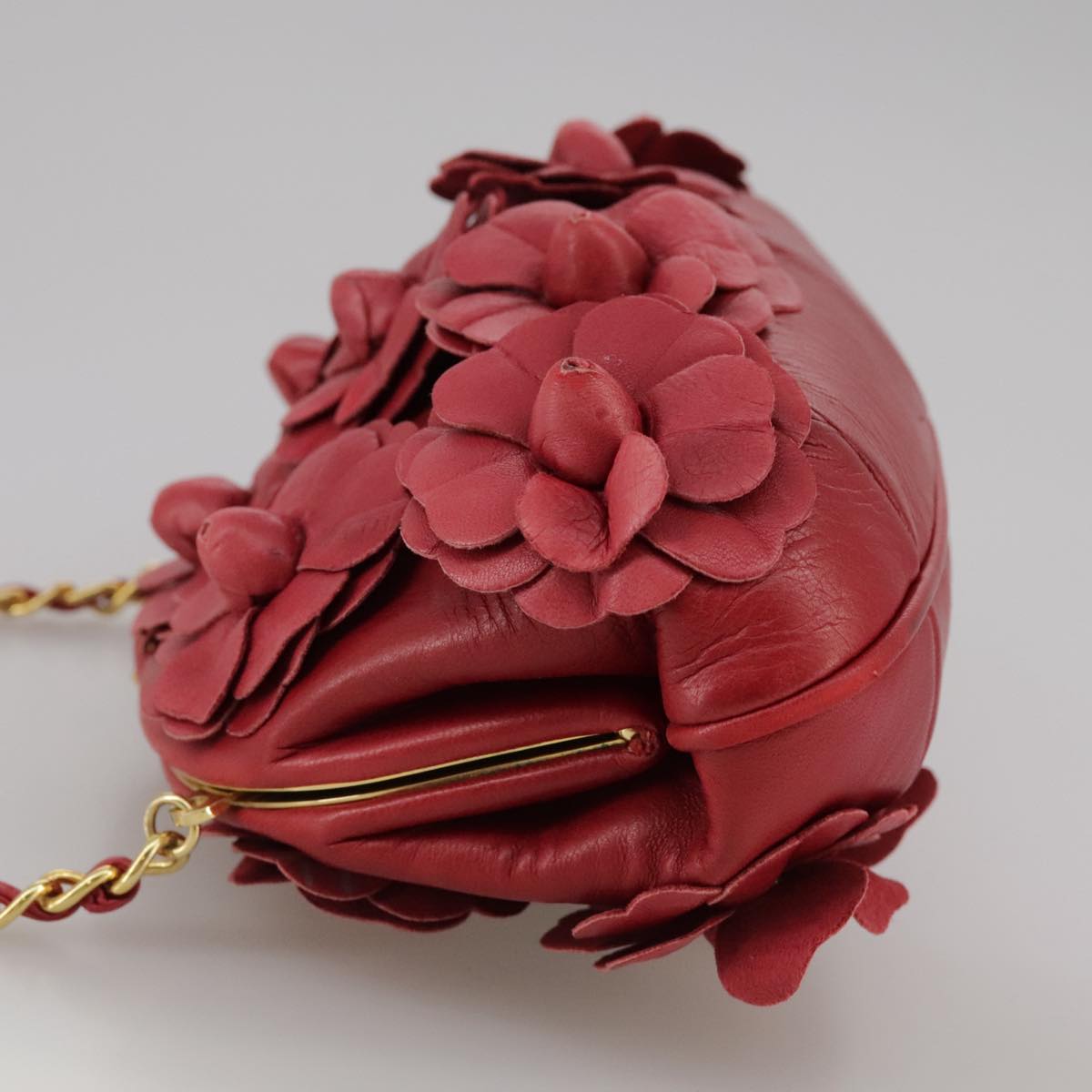 CHANEL Chain Flower Shoulder Bag Leather Red Gold CC 107981