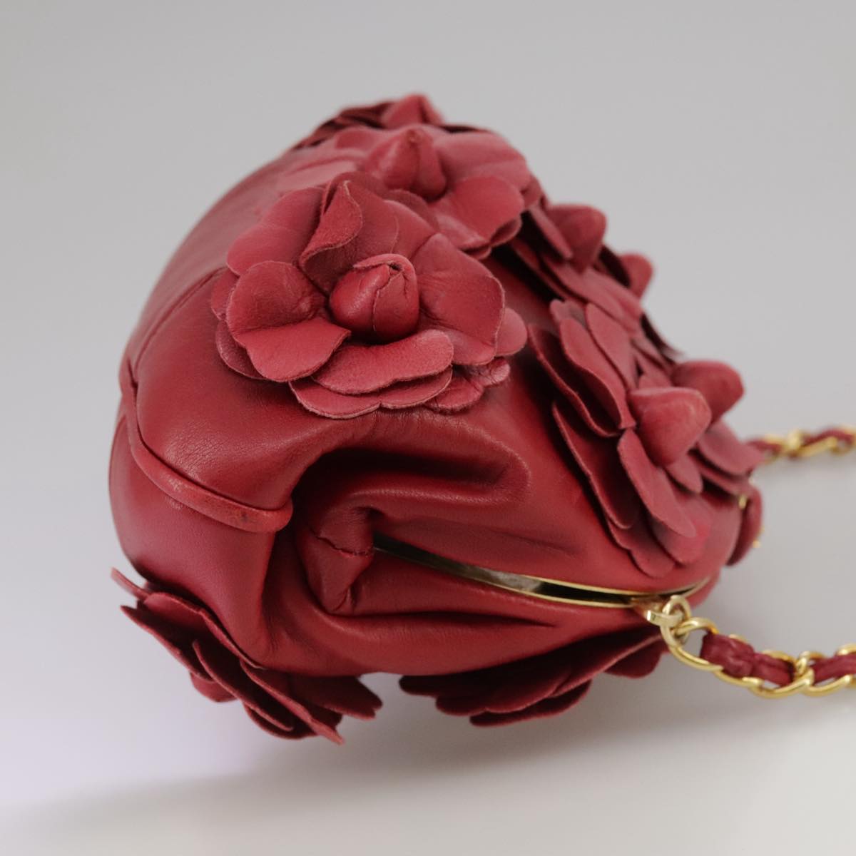 CHANEL Chain Flower Shoulder Bag Leather Red Gold CC 107981