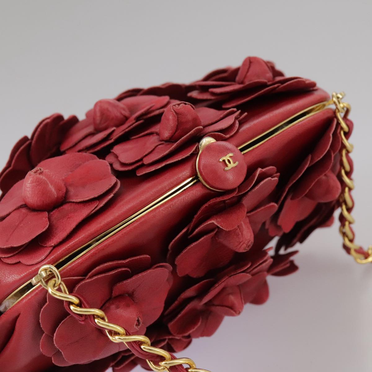 CHANEL Chain Flower Shoulder Bag Leather Red Gold CC 107981