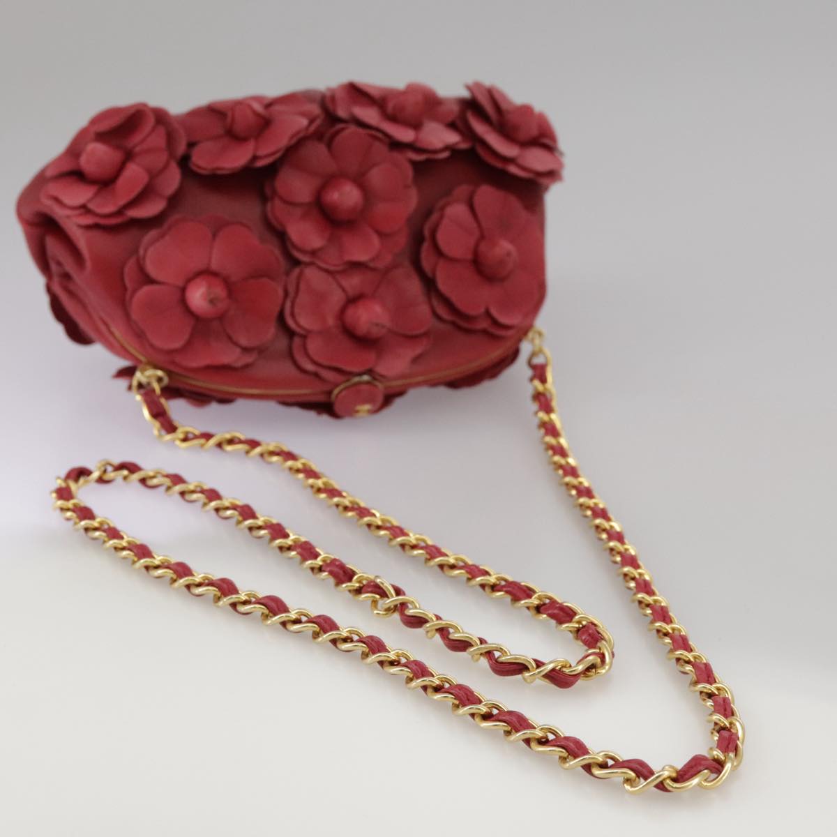 CHANEL Chain Flower Shoulder Bag Leather Red Gold CC 107981