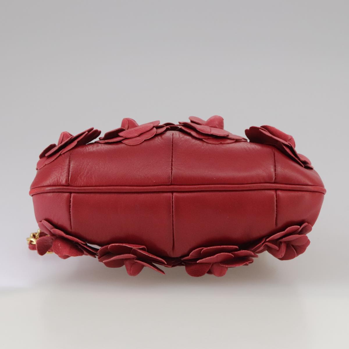 CHANEL Chain Flower Shoulder Bag Leather Red Gold CC 107981