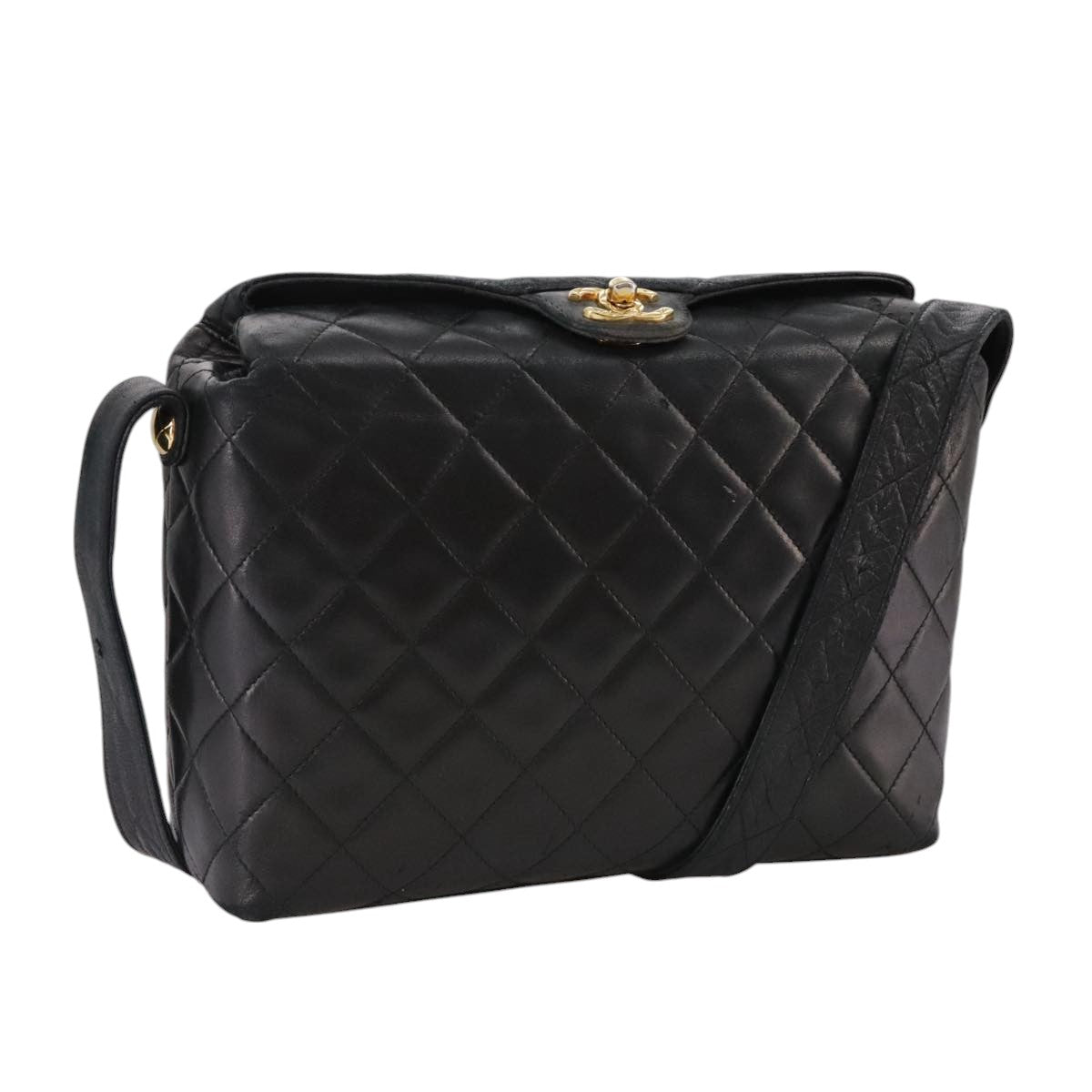 CHANEL Matelasse Shoulder Bag Lamb Skin Black Gold CC 108071