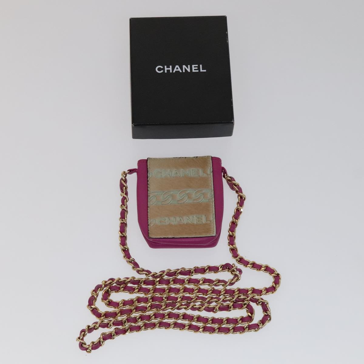 CHANEL Chain Shoulder Cigarette Case Leather Pink CC 108163