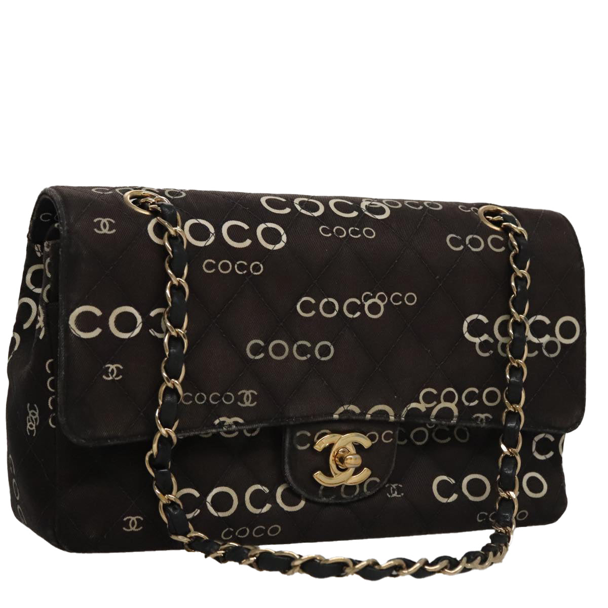 CHANEL Matelasse Chain Shoulder Bag Canvas Black Gold CC 108396