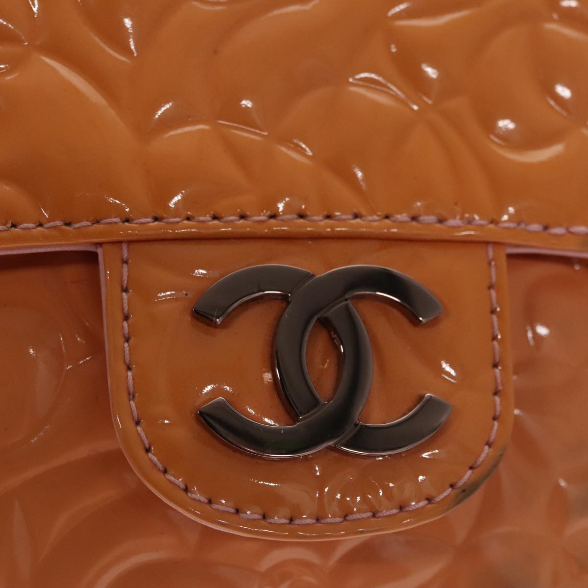 CHANEL Chain Camelia Shoulder Bag Patent leather Orange CC 108607