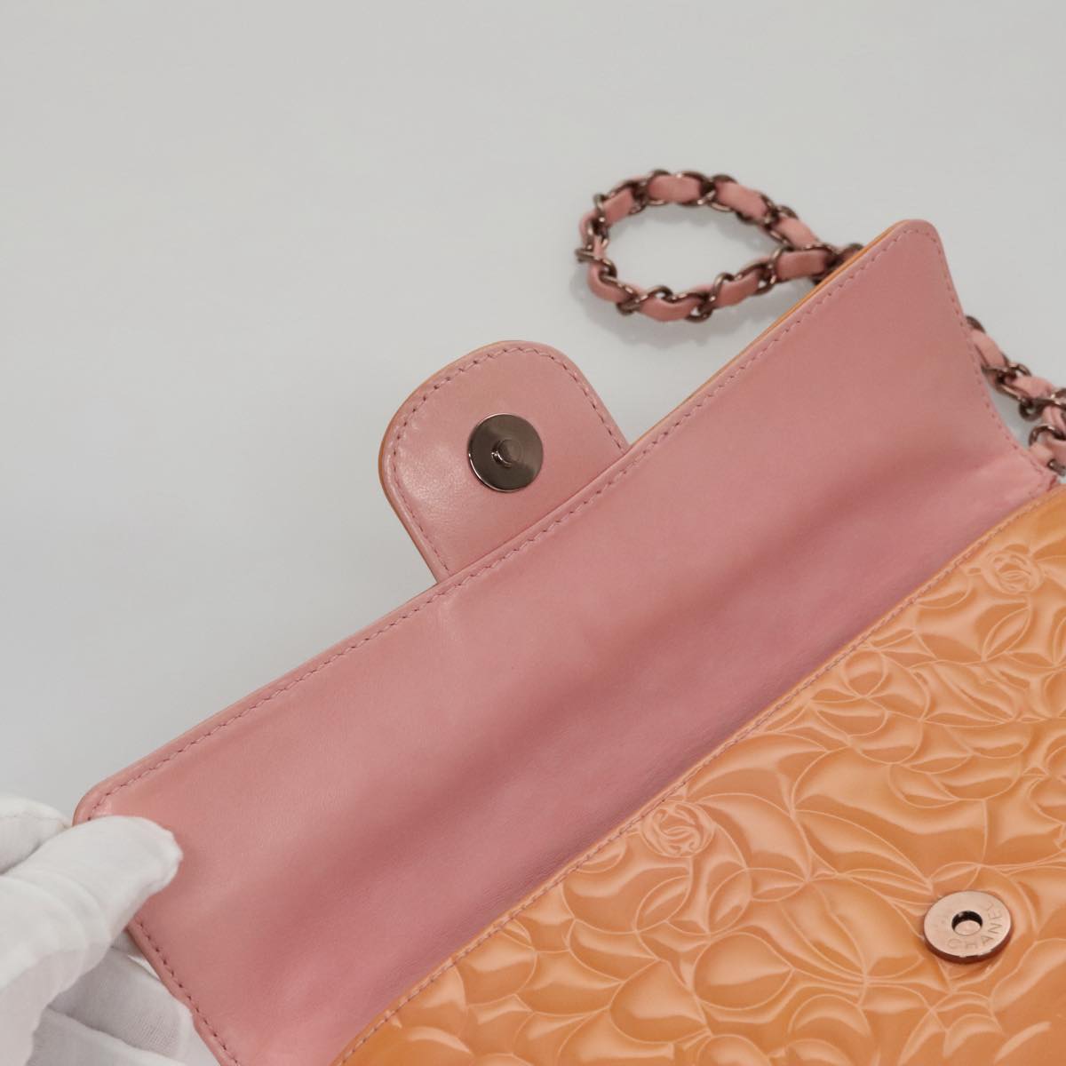CHANEL Chain Camelia Shoulder Bag Patent leather Orange CC 108607