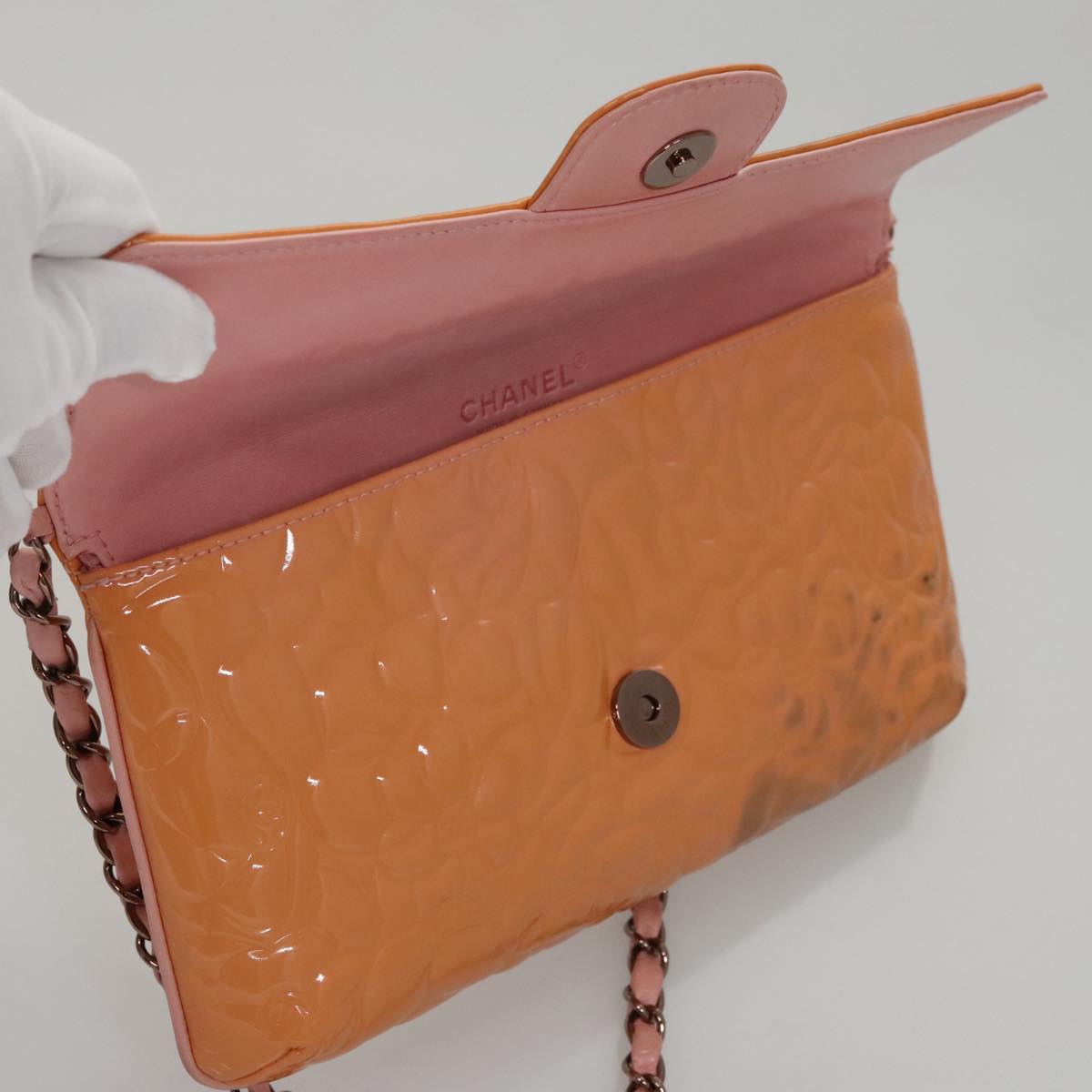 CHANEL Chain Camelia Shoulder Bag Patent leather Orange CC 108607