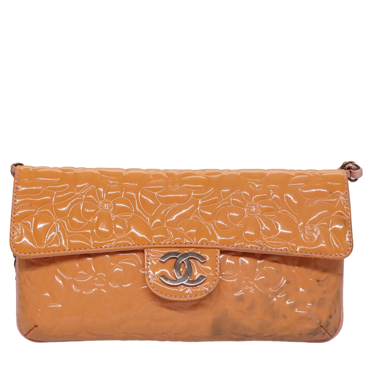 CHANEL Chain Camelia Shoulder Bag Patent leather Orange CC 108607