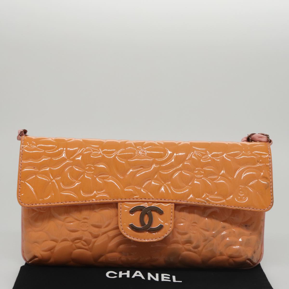 CHANEL Chain Camelia Shoulder Bag Patent leather Orange CC 108607