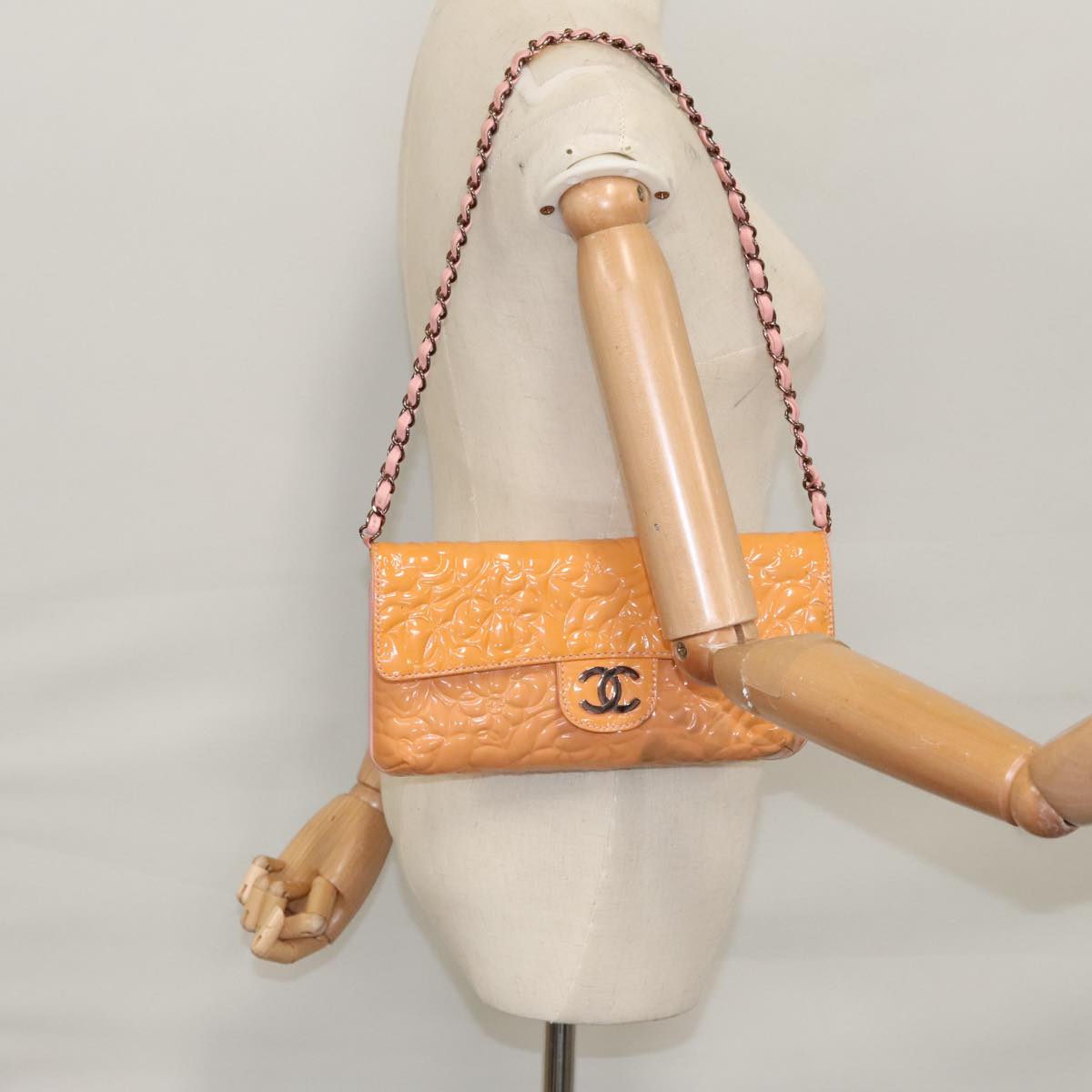 CHANEL Chain Camelia Shoulder Bag Patent leather Orange CC 108607