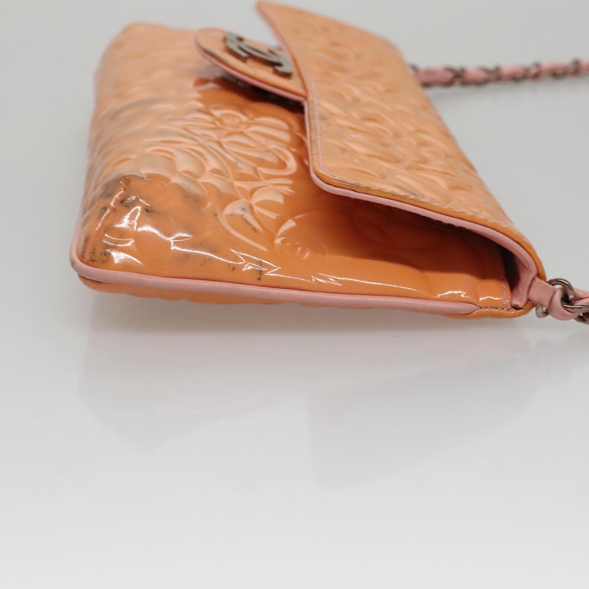CHANEL Chain Camelia Shoulder Bag Patent leather Orange CC 108607