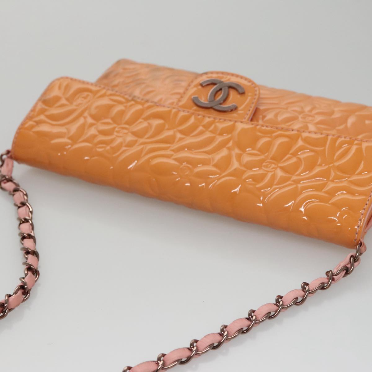 CHANEL Chain Camelia Shoulder Bag Patent leather Orange CC 108607