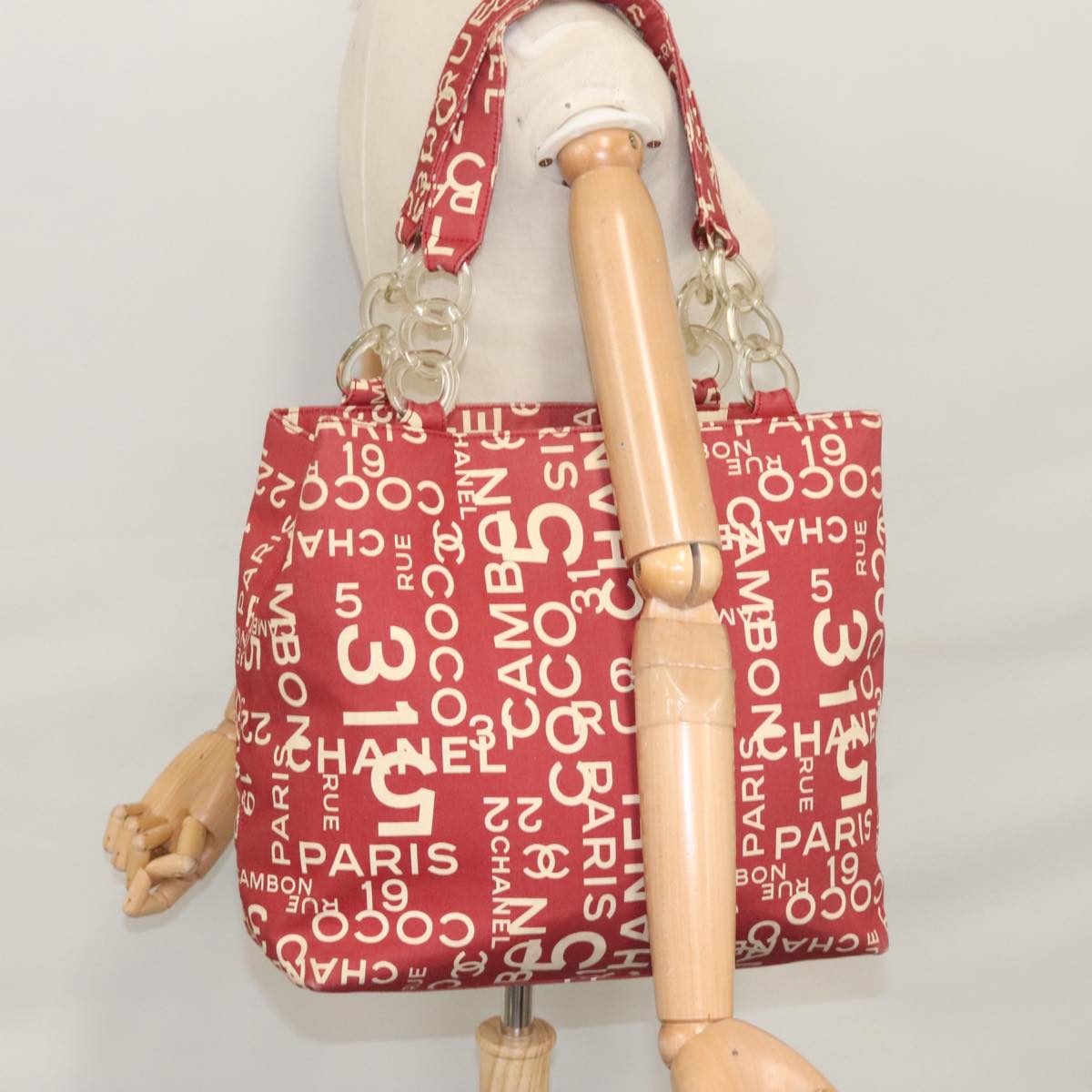 CHANEL Bysy line Tote Bag Canvas Red CC 108610