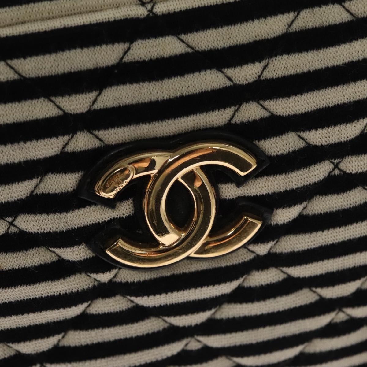 CHANEL Matelasse Chain Shoulder Bag Cotton Black White gold CC 108666