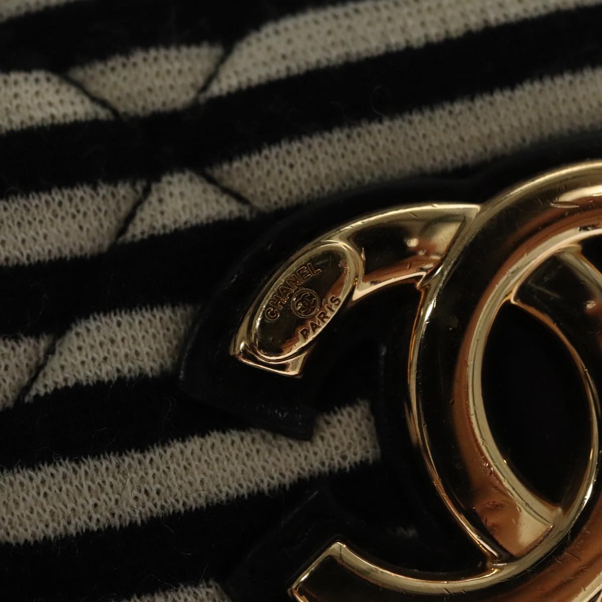 CHANEL Matelasse Chain Shoulder Bag Cotton Black White gold CC 108666