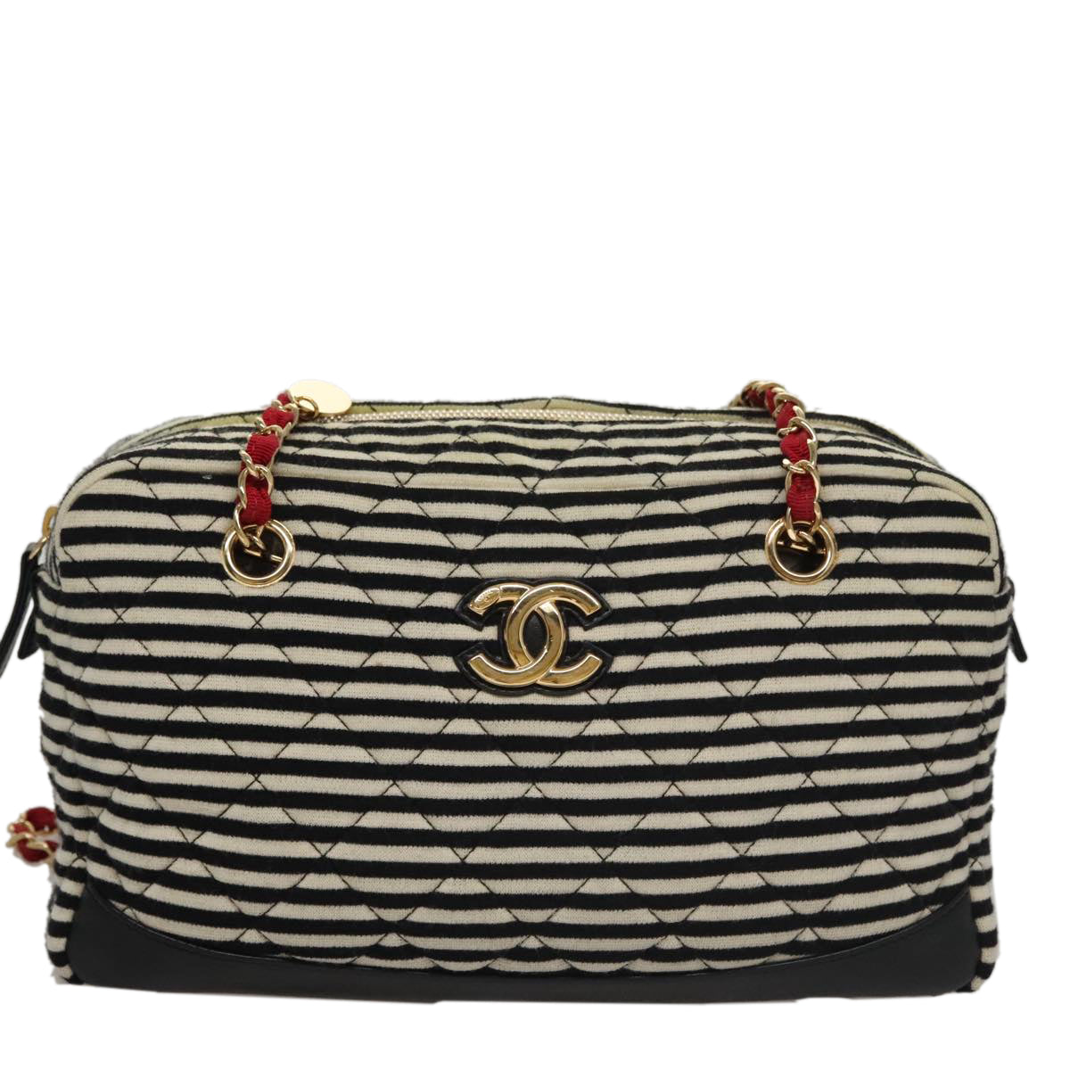 CHANEL Matelasse Chain Shoulder Bag Cotton Black White gold CC 108666