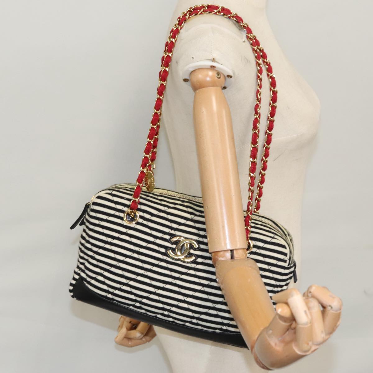 CHANEL Matelasse Chain Shoulder Bag Cotton Black White gold CC 108666