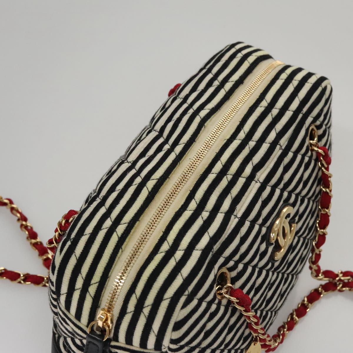 CHANEL Matelasse Chain Shoulder Bag Cotton Black White gold CC 108666