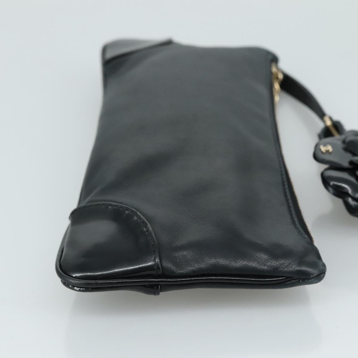 CHANEL Camelia Clutch Bag Lamb Skin Black Silver CC 108816