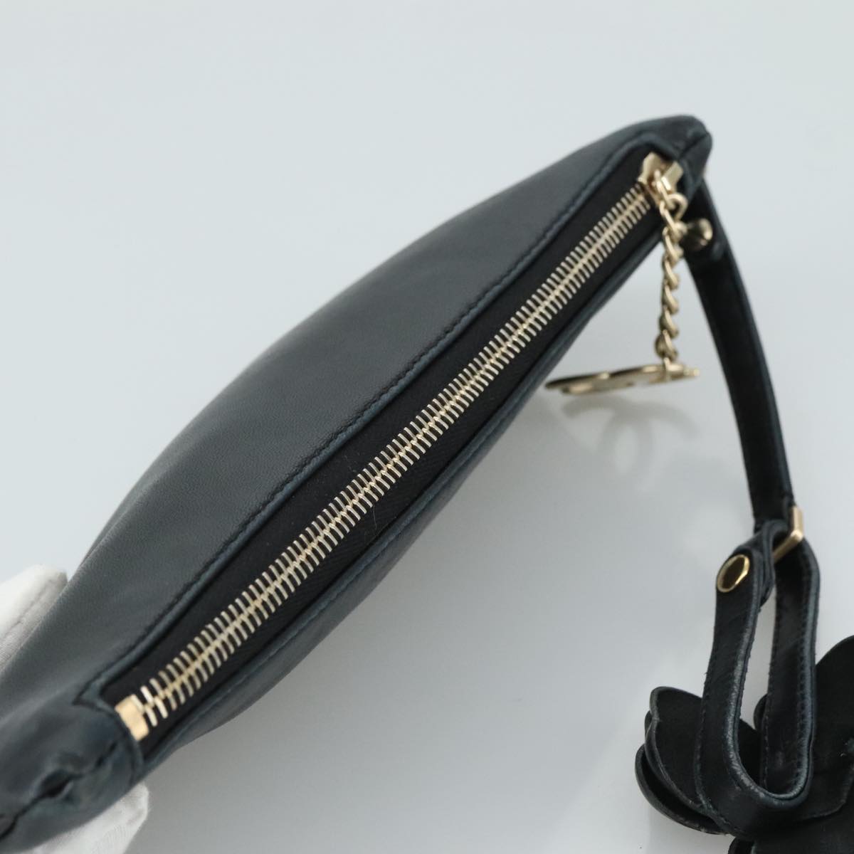 CHANEL Camelia Clutch Bag Lamb Skin Black Silver CC 108816