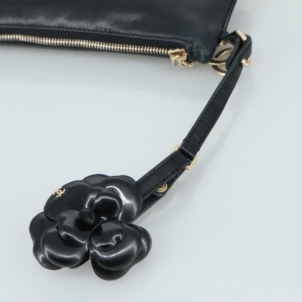 CHANEL Camelia Clutch Bag Lamb Skin Black Silver CC 108816
