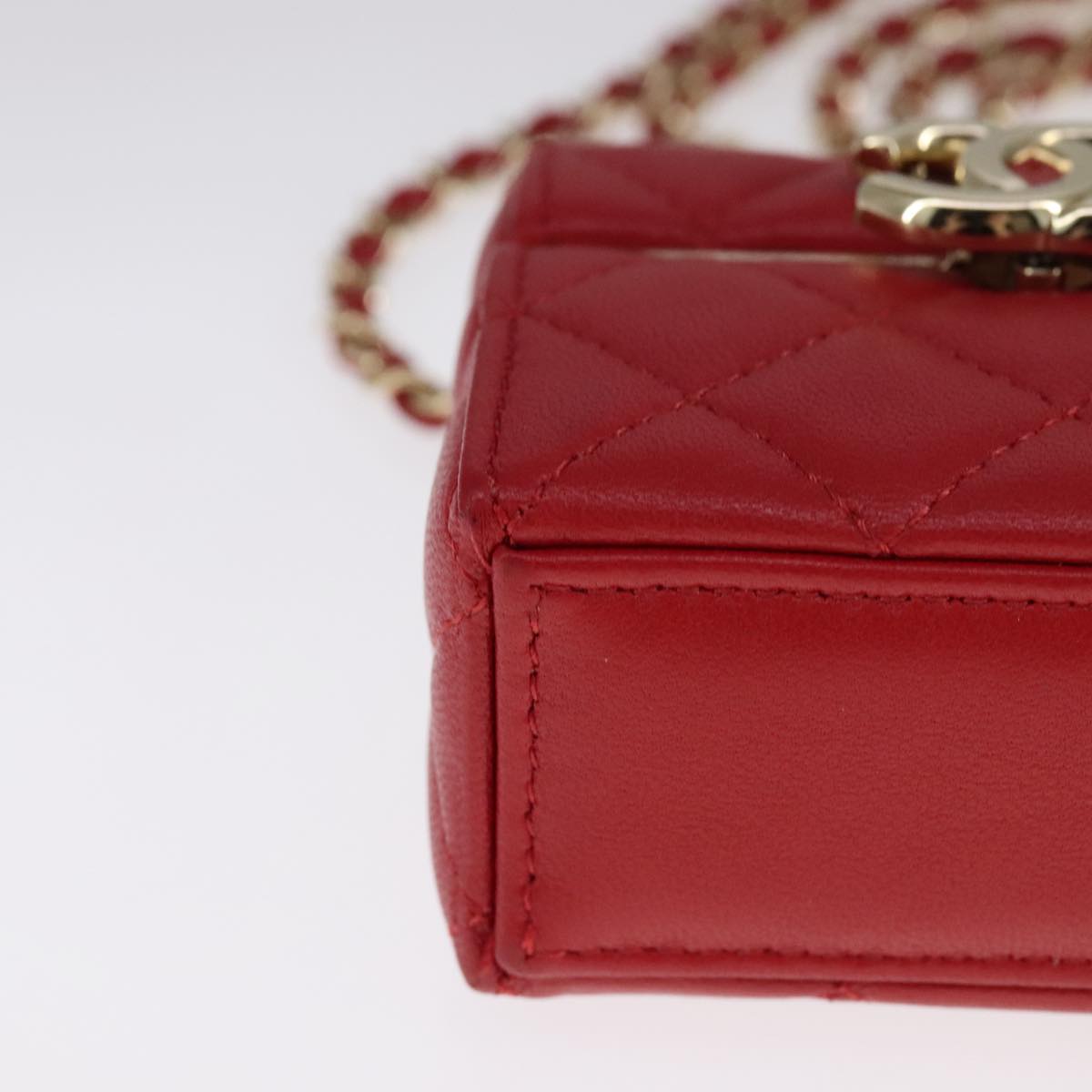 CHANEL Small Box Matelasse Chain Pouch Lamb Skin Red CC 108916A