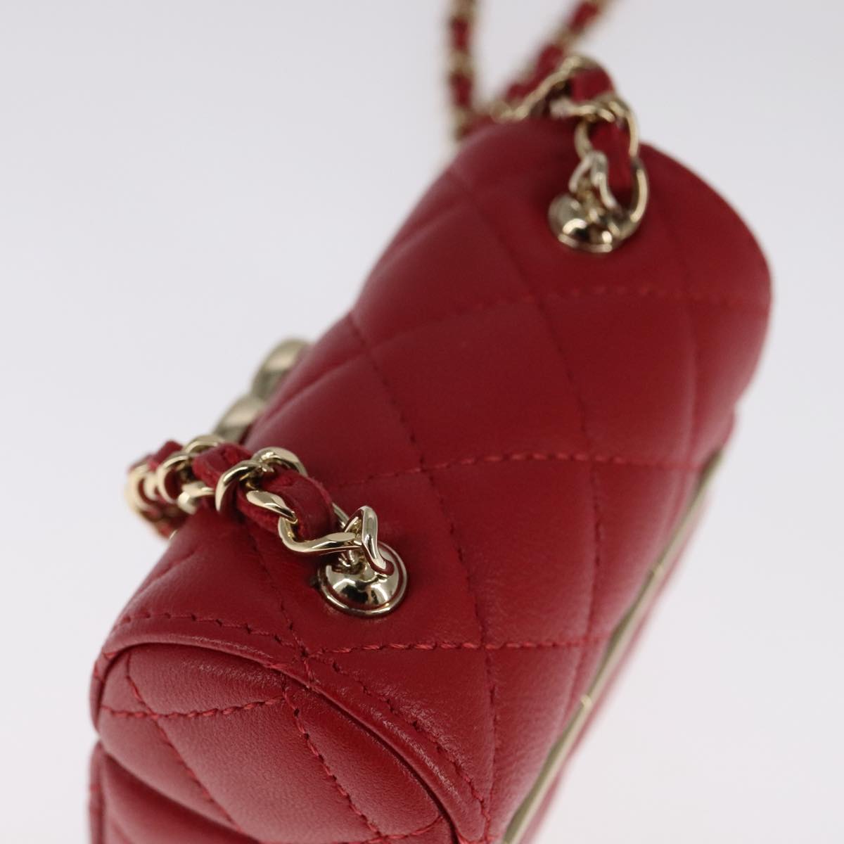 CHANEL Small Box Matelasse Chain Pouch Lamb Skin Red CC 108916A