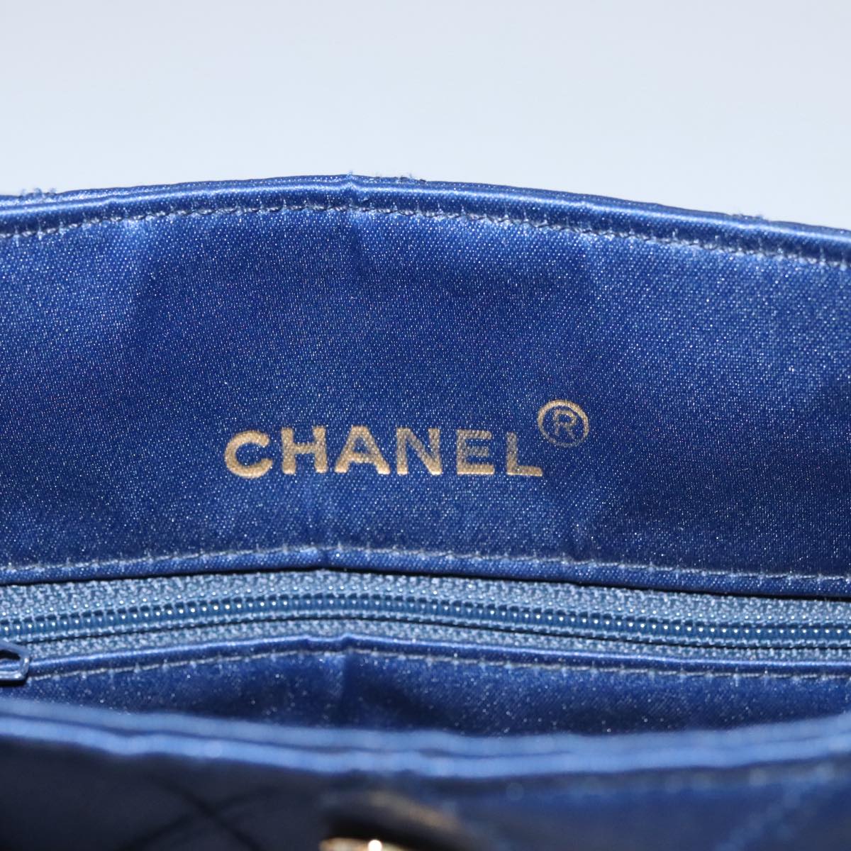 CHANEL Matelasse Hand Bag Satin Blue Gold CC 109061