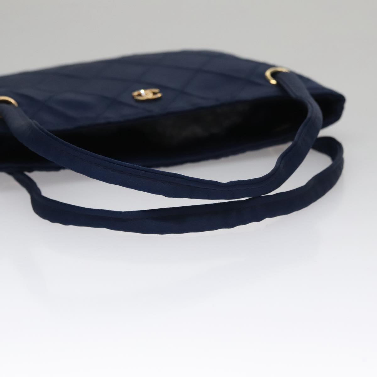 CHANEL Matelasse Hand Bag Satin Blue Gold CC 109061