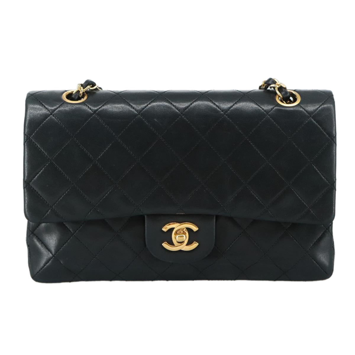 CHANEL Matelasse 25 Double Flap Chain Bag Lamb Skin Black Gold CC 109063A