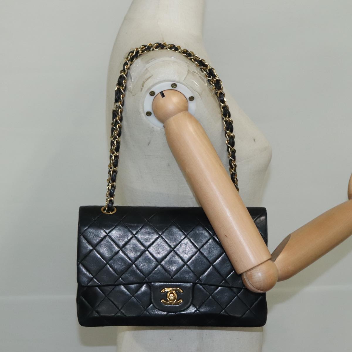 CHANEL Matelasse 25 Double Flap Chain Bag Lamb Skin Black Gold CC 109063A