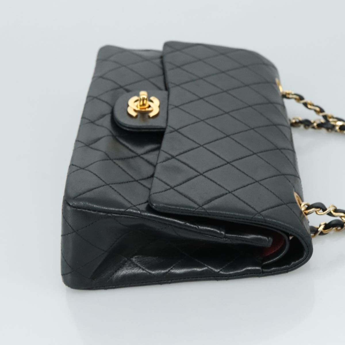 CHANEL Matelasse 25 Double Flap Chain Bag Lamb Skin Black Gold CC 109063A