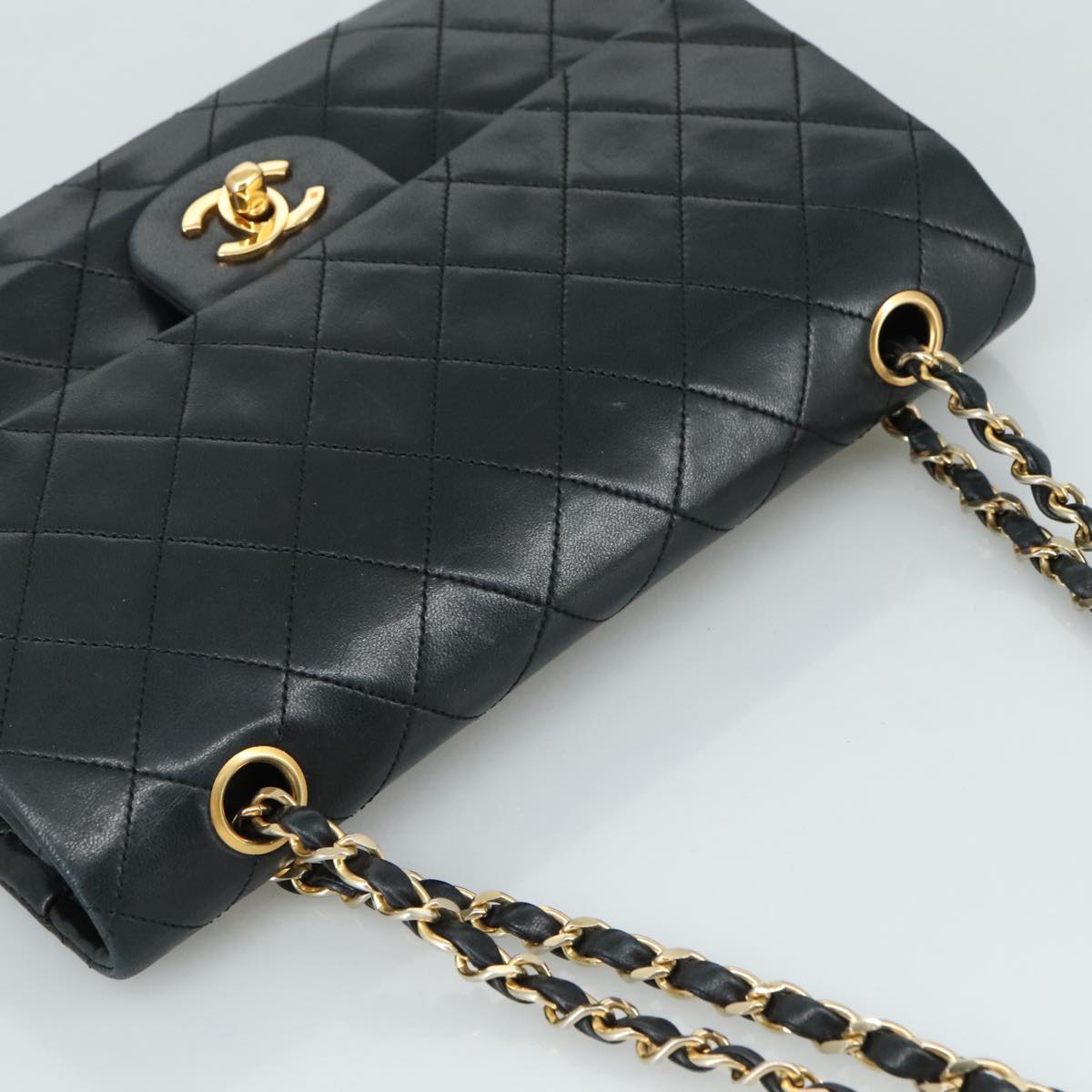 CHANEL Matelasse 25 Double Flap Chain Bag Lamb Skin Black Gold CC 109063A