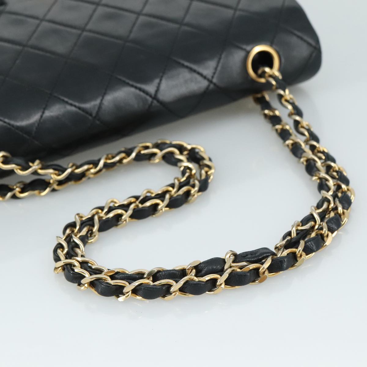 CHANEL Matelasse 25 Double Flap Chain Bag Lamb Skin Black Gold CC 109063A