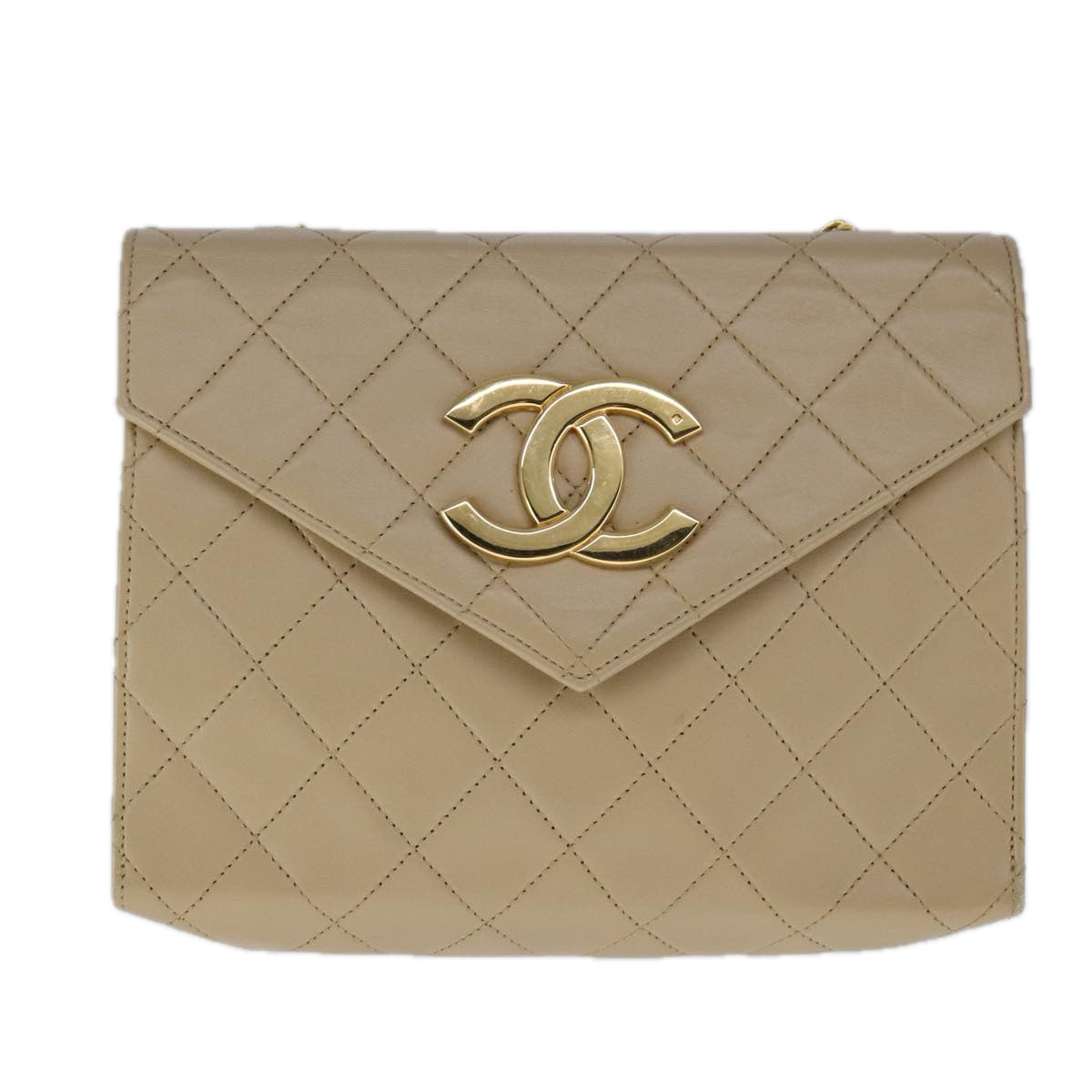 CHANEL Matelasse Big COCO Mark Chain Bag Lamb Skin Beige Gold CC 109065