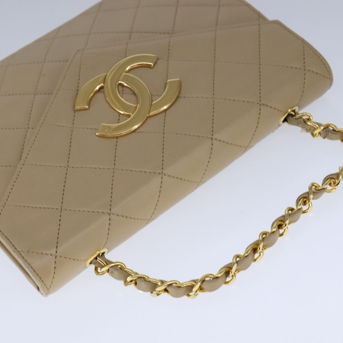 CHANEL Matelasse Big COCO Mark Chain Bag Lamb Skin Beige Gold CC 109065
