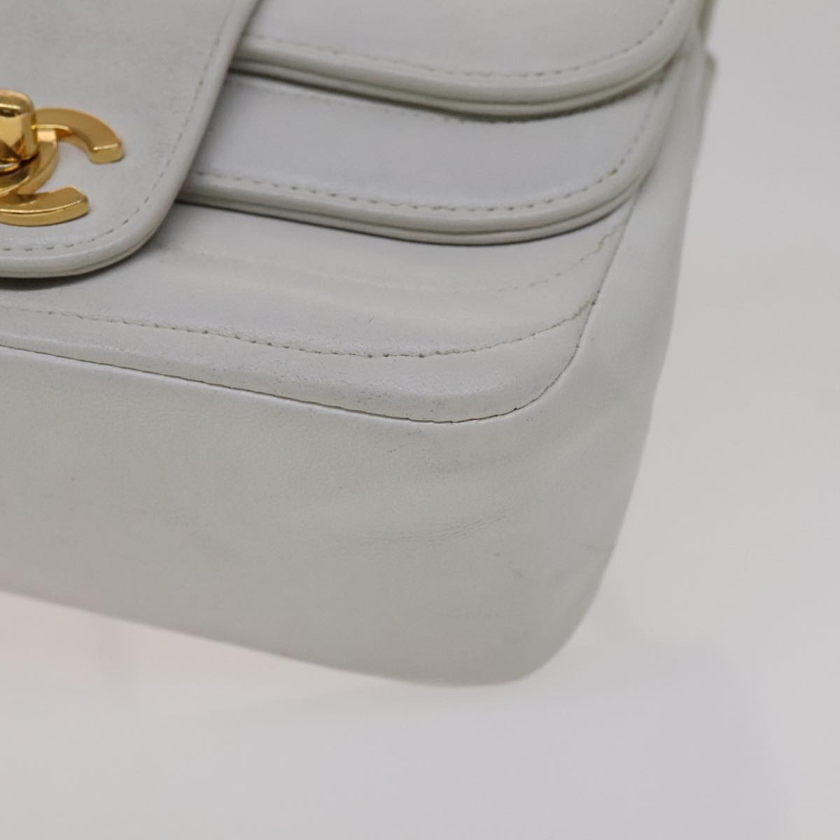 CHANEL Mademoiselle Double Flap Chain Bag Lamb Skin White Gold CC 109066