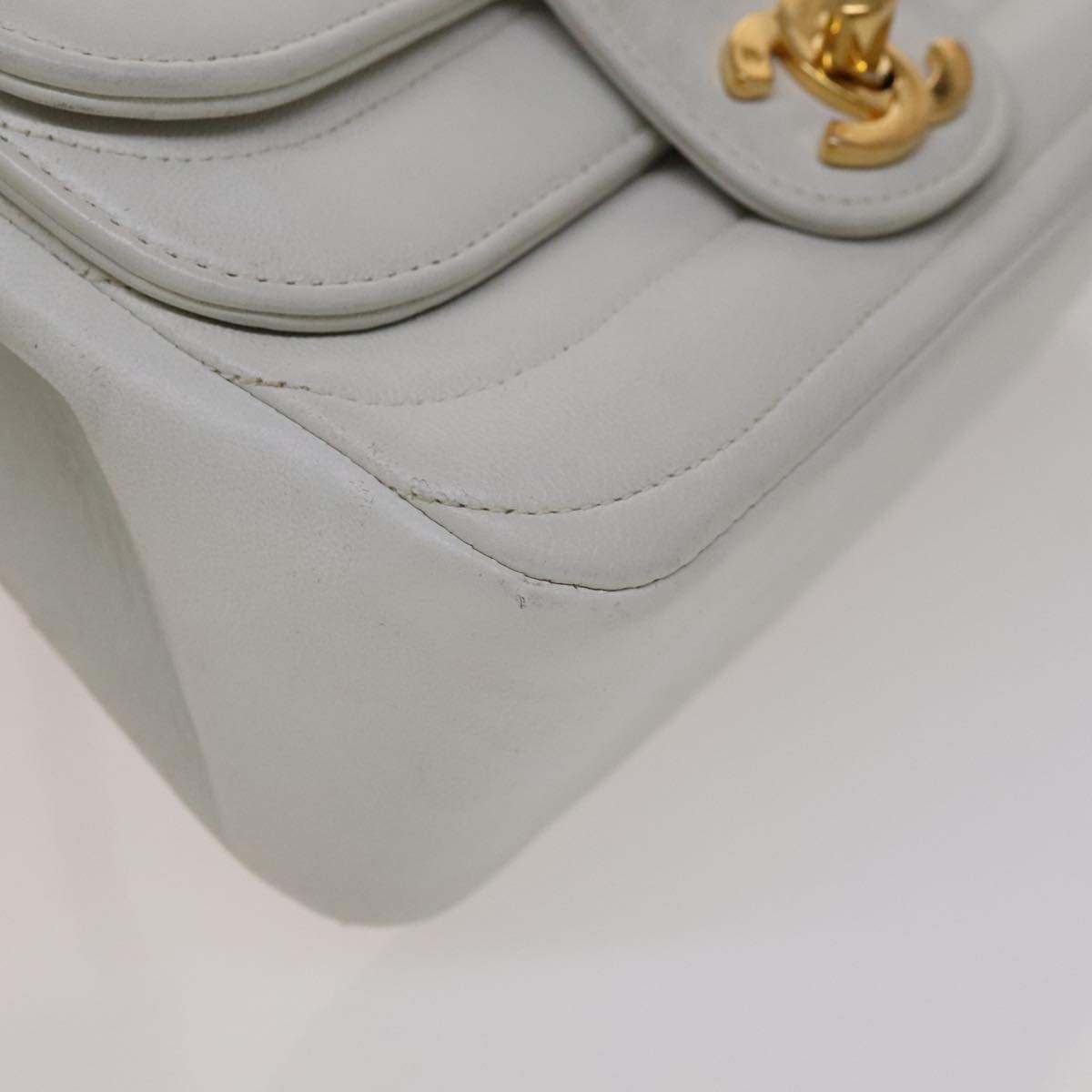 CHANEL Mademoiselle Double Flap Chain Bag Lamb Skin White Gold CC 109066