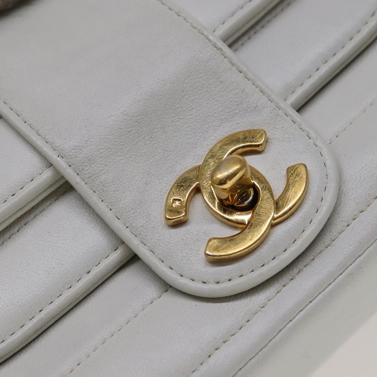CHANEL Mademoiselle Double Flap Chain Bag Lamb Skin White Gold CC 109066