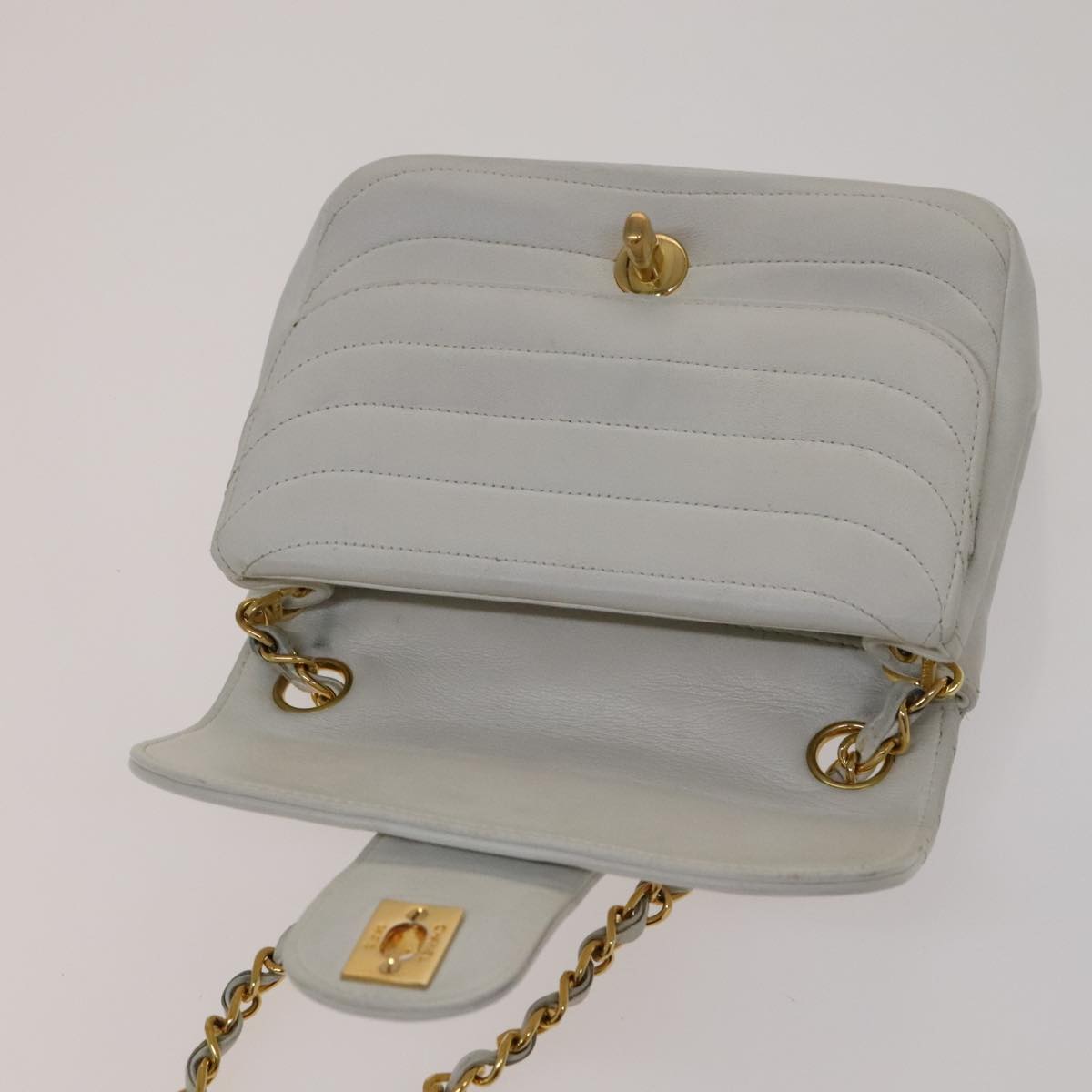 CHANEL Mademoiselle Double Flap Chain Bag Lamb Skin White Gold CC 109066